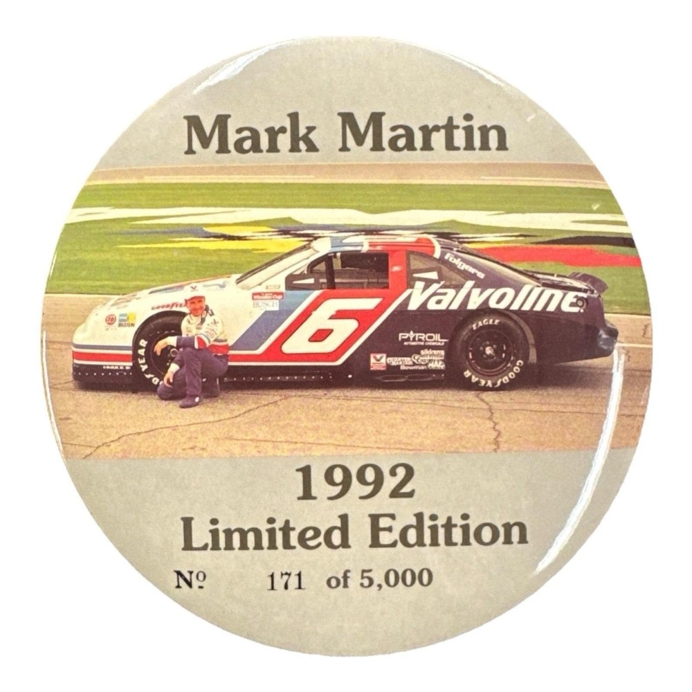 Mark Martin Valvoline 1992 6 Inch Pinback Button With Stand In Back
